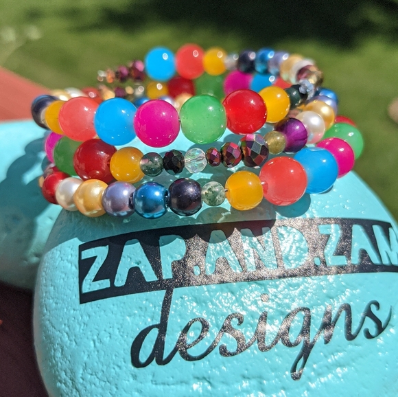 Jasper Beads Bracelet Colorful Rainbow Handmade Memory Wire Jewelry Bright Color - Picture 3 of 11